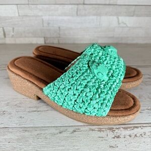 Kurt Geiger London Women’s 36.5 Eagle Crochet Cork Slide Sandals  Aqua/Green NEW